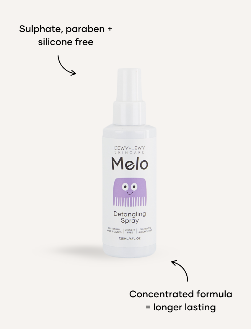 Dewy + Lewy Skin Care Melo Detangling Spray: Two bottles of detangling spray with cute octopus and comb graphics.