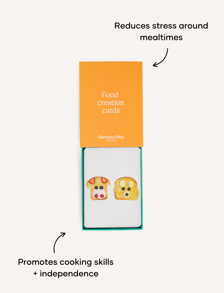 Sensory Play Australia Food Creation Card Set: open box with fun pig & toast cards, therapist-designed for cooking skills.