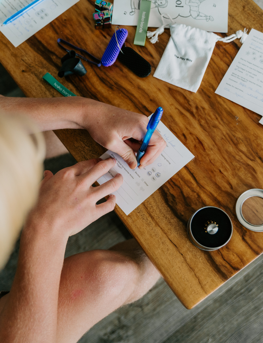 The Play Way's Reflection Kit: Hands writing on a worksheet, surrounded by fidgets, demonstrating tools for emotional regulation and self-reflection.