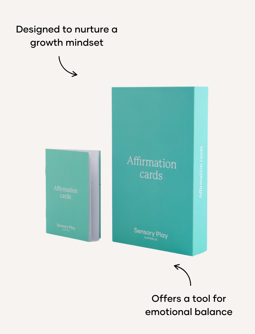 Sensory Play Australia Affirmation Cards in a turquoise box with a smaller open booklet, offering support for children's emotional developmental skills.