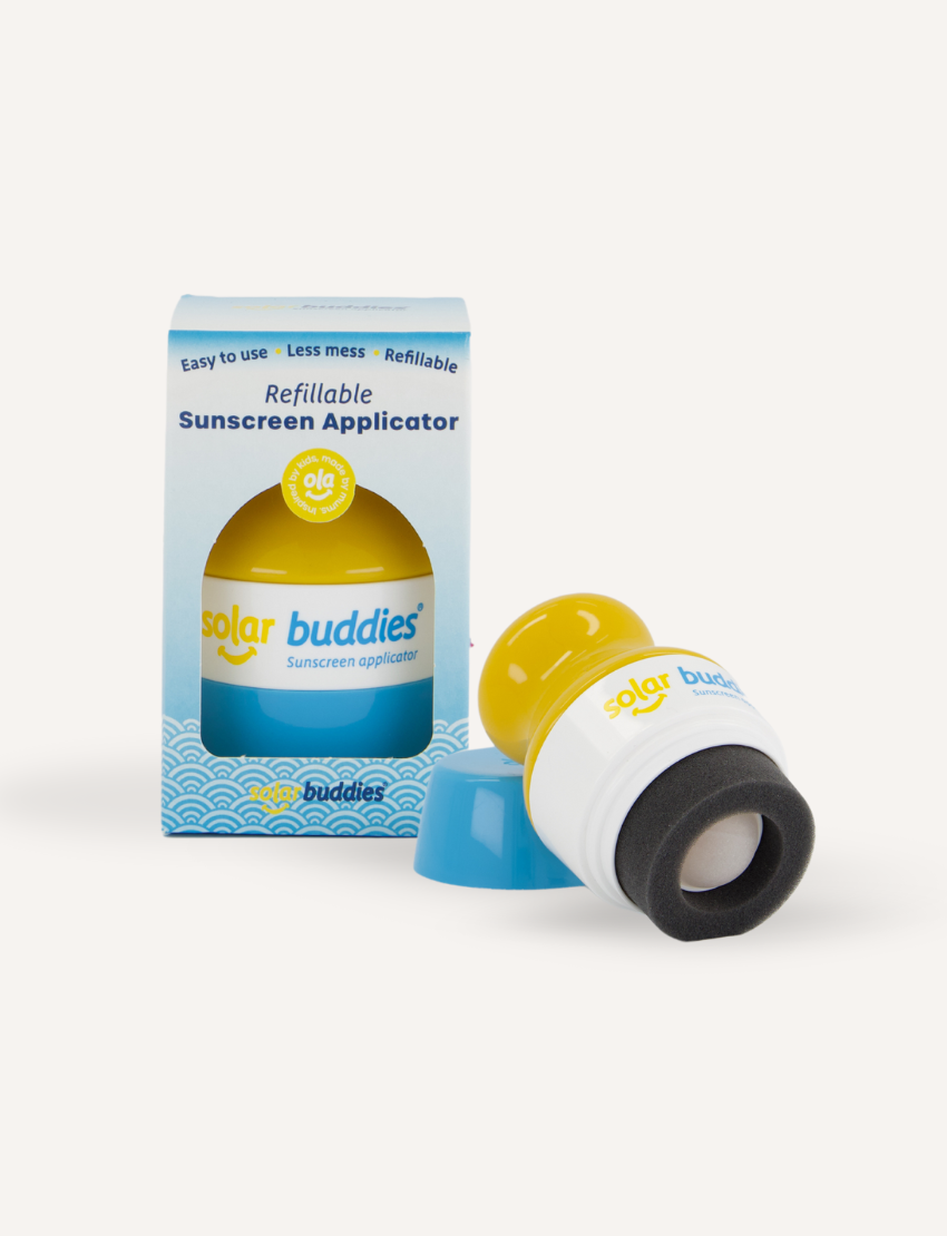 Solar Buddies refillable sunscreen applicator with a yellow refillable bottle.