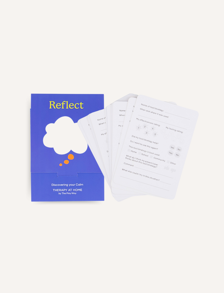 The Play Way's blue 'Reflect' card deck with cloud design and helpful worksheets for children to support emotional regulation and self-reflection.