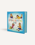The Play Way 'Stims, School & Me' book cover features four diverse girls engaged in quiet activities, aiding emotional regulation.
