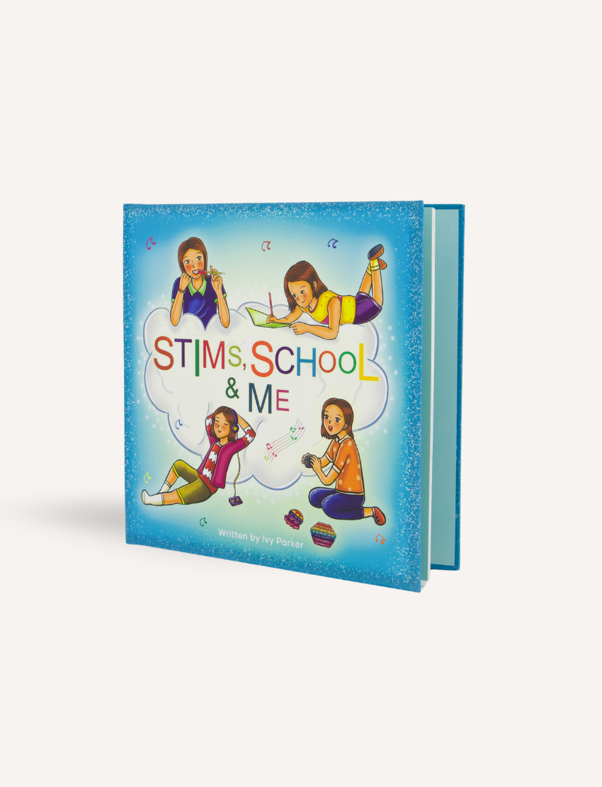 The Play Way 'Stims, School & Me' book cover features four diverse girls engaged in quiet activities, aiding emotional regulation.