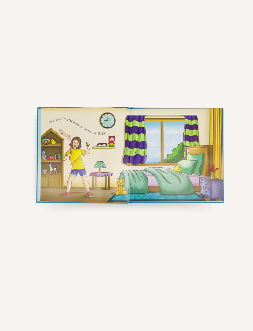 An open page from 'Stims, School & Me' by The Play Way, showing a girl stimming in her bedroom, aiding emotional regulation.