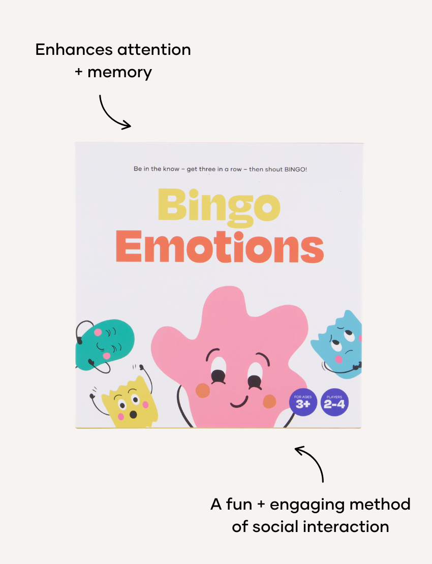The Play Way's Bingo Emotions game box displays colorful cartoon emotions, encouraging kids to recognize and understand feelings through play.