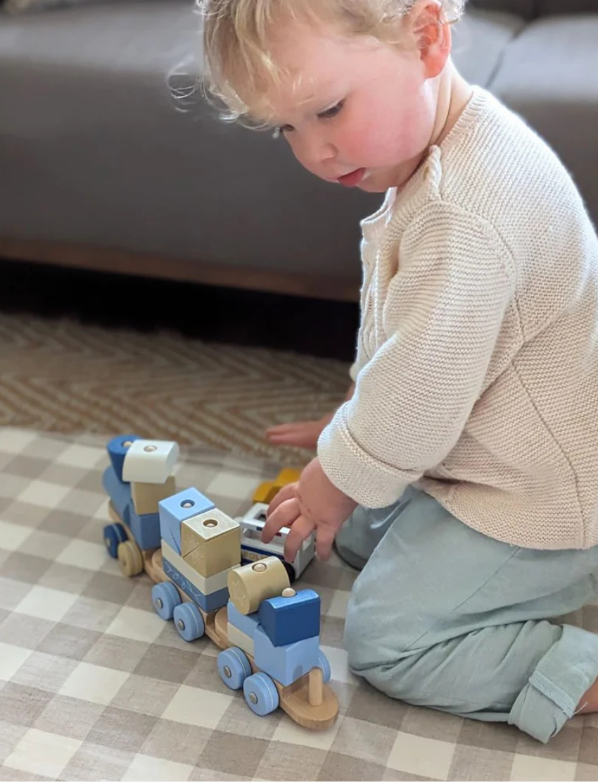 Moover wooden toy train with cute animal blocks: fox, raccoon, rabbit, bear, owl, and bear, for toddlers.