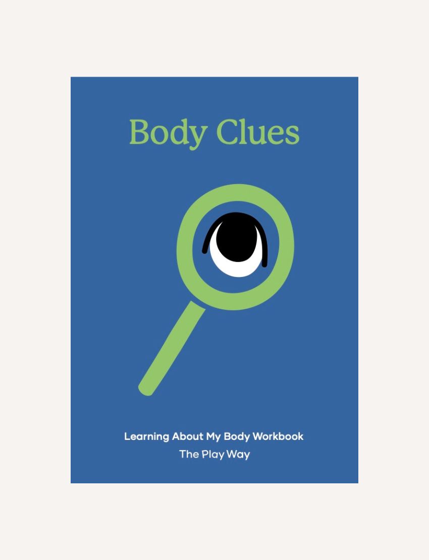 Body Clues workbook cover with a green magnifying glass over an eye on a blue background.