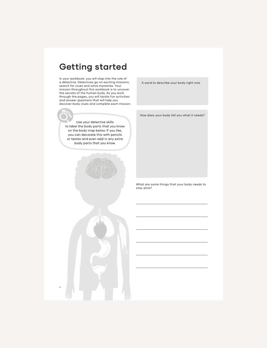 Body Clues workbook cover with a green magnifying glass over an eye on a blue background.