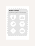 Mission complete page from 'Body Clues' workbook featuring badge designs for body parts.