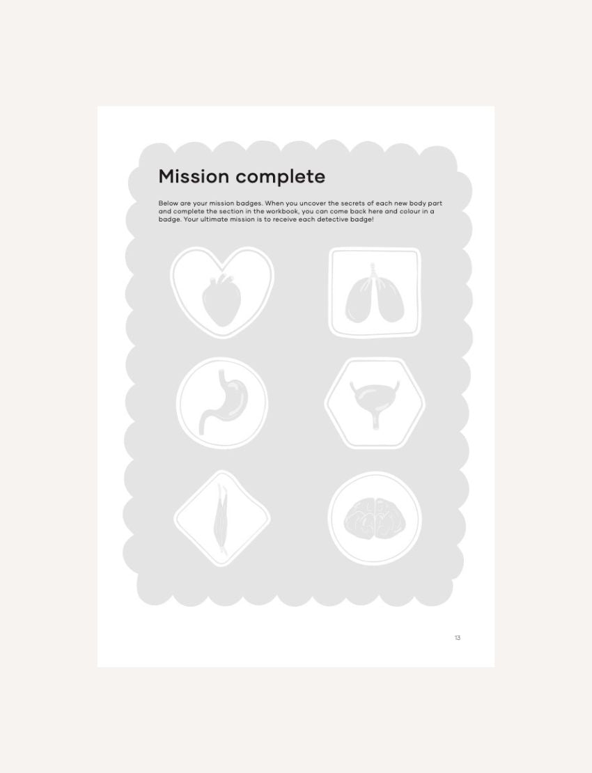 Mission complete page from 'Body Clues' workbook featuring badge designs for body parts.