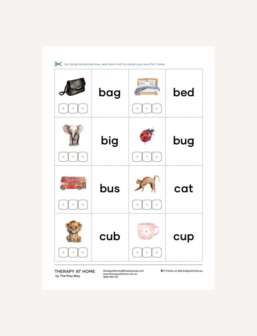 CVC Word Cards: Examples of cards with images and words like 'bag', 'bed', 'big', 'bug', 'bus', 'cat'.