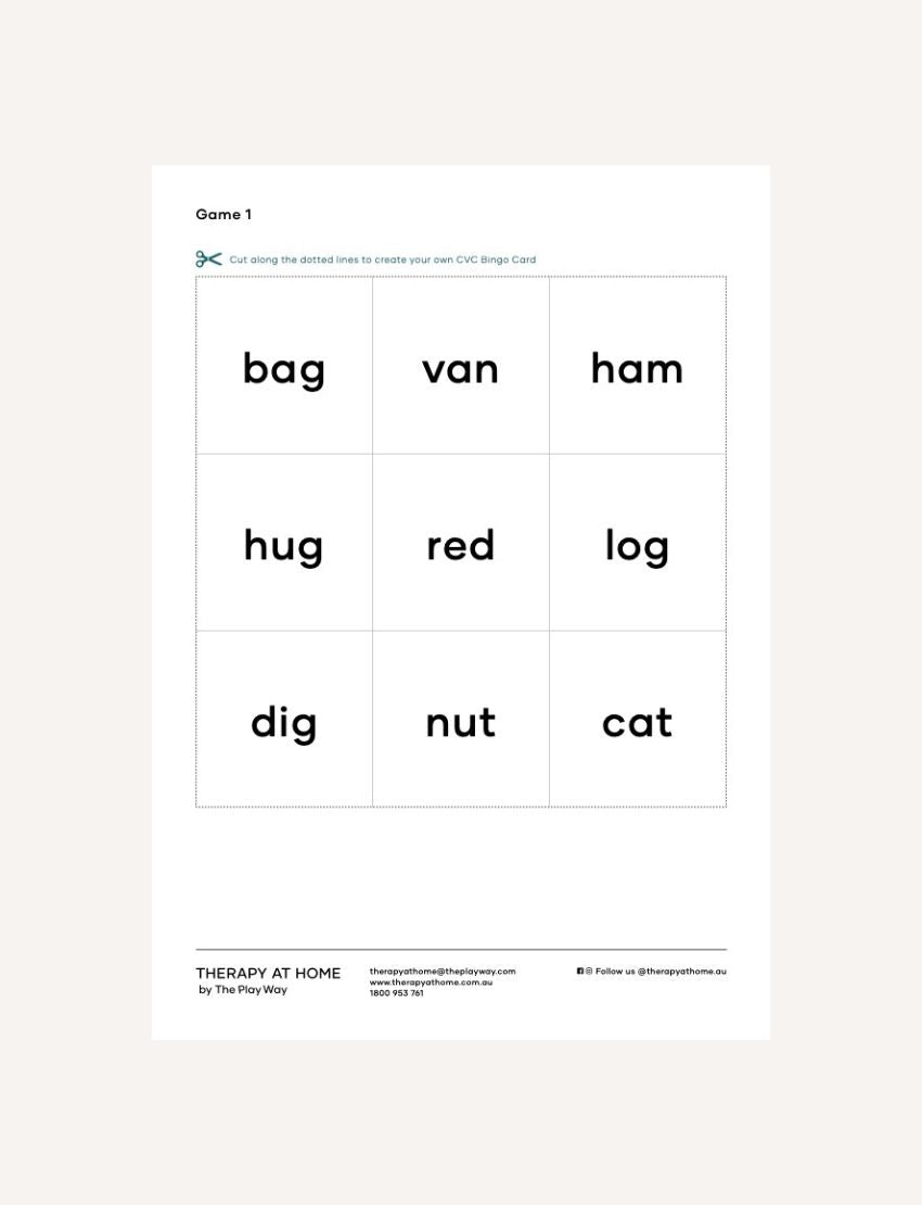 CVC Bingo Game 1: A 3x3 grid with CVC words for a bingo game.