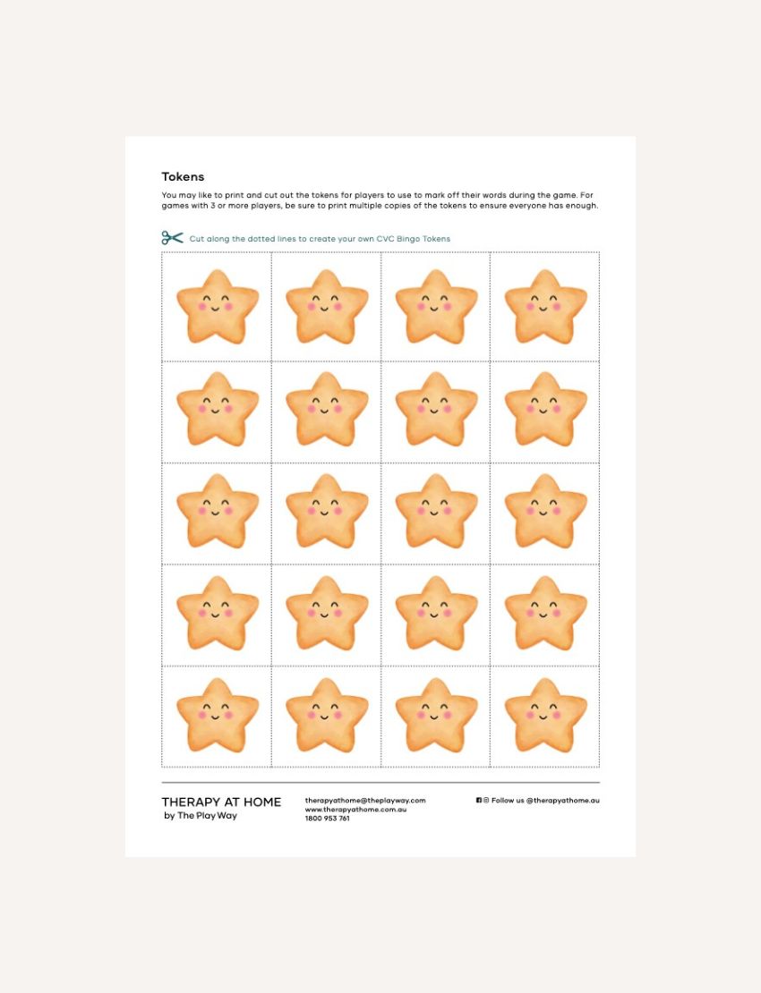 CVC Bingo Tokens: Printable star-shaped tokens for a CVC Bingo game.