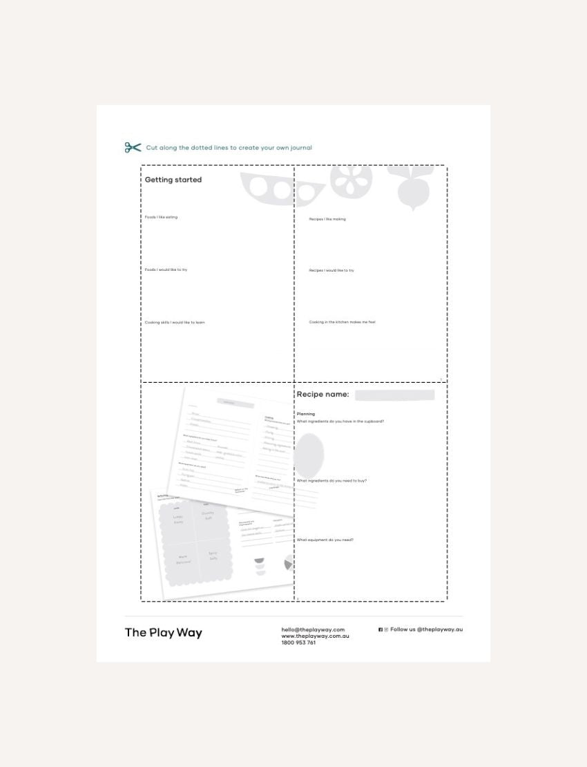 Interactive journal pages for 'Getting started' and 'Recipe name' sections of a cooking journal.