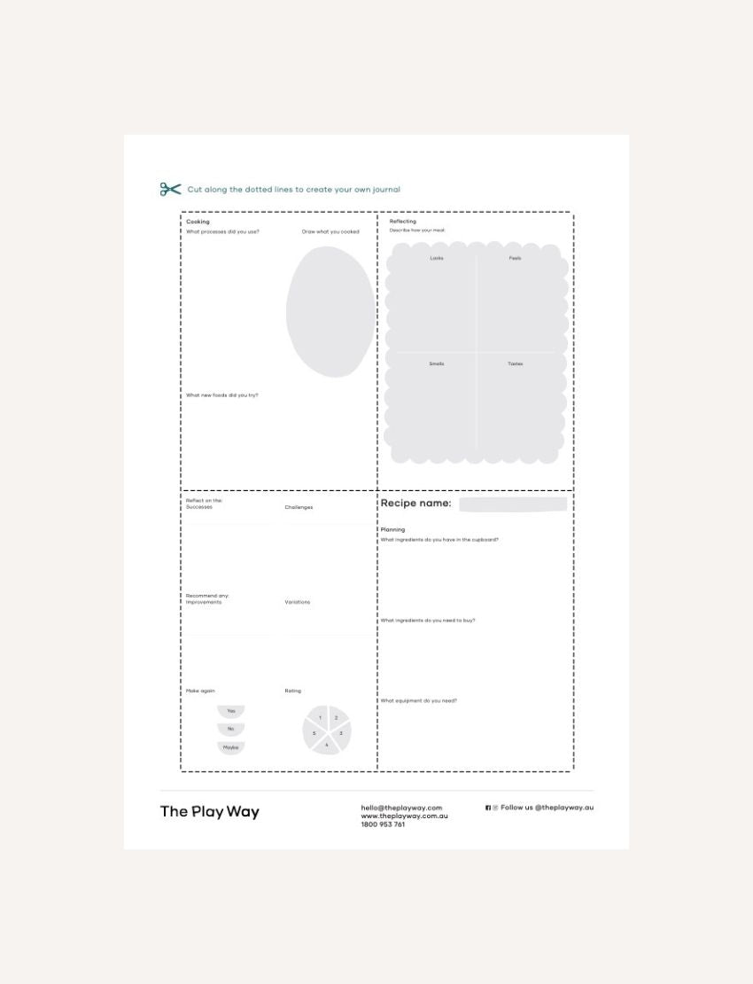 Journal pages for reflecting on cooking experiences, including sensory descriptions and recipe planning.