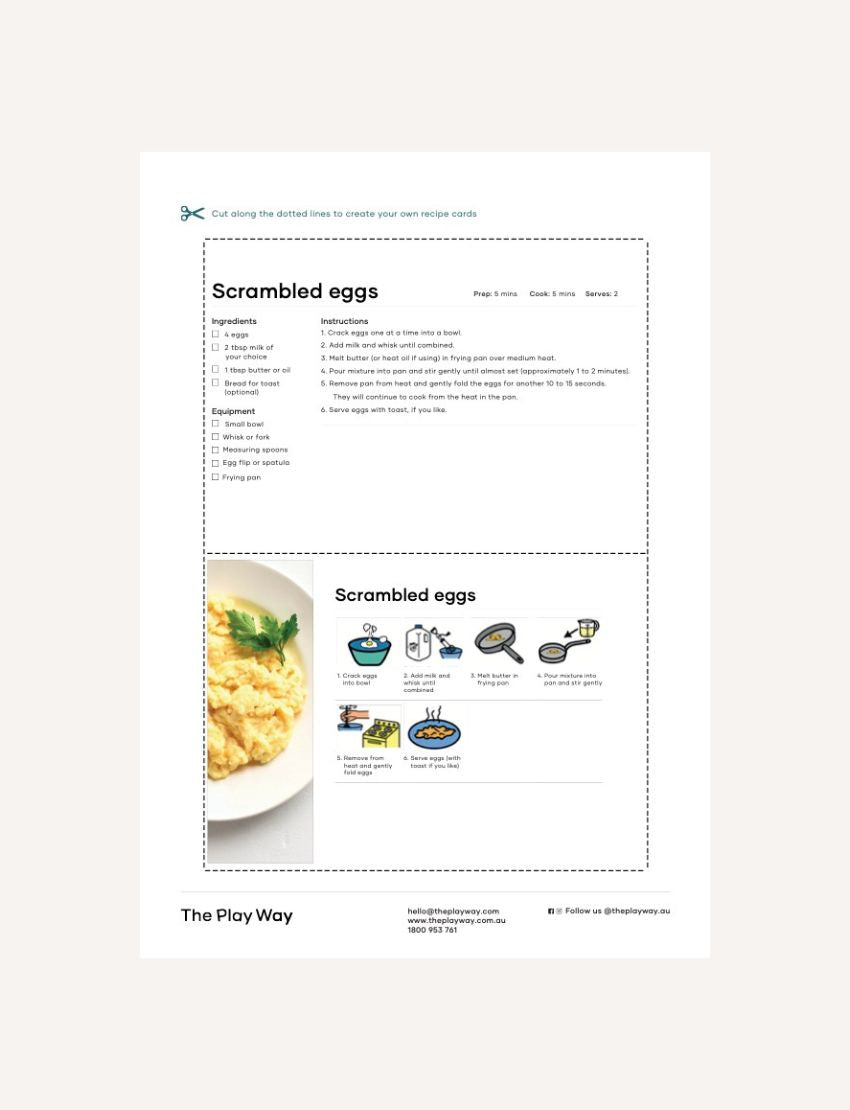 Scrambled Eggs recipe card with ingredients, instructions, and step-by-step illustrations.