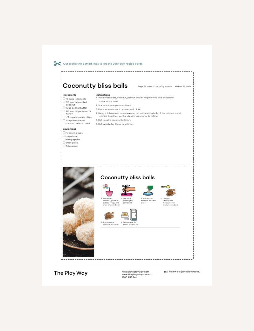 Coconutty Bliss Balls recipe card with ingredients, instructions, and step-by-step illustrations.