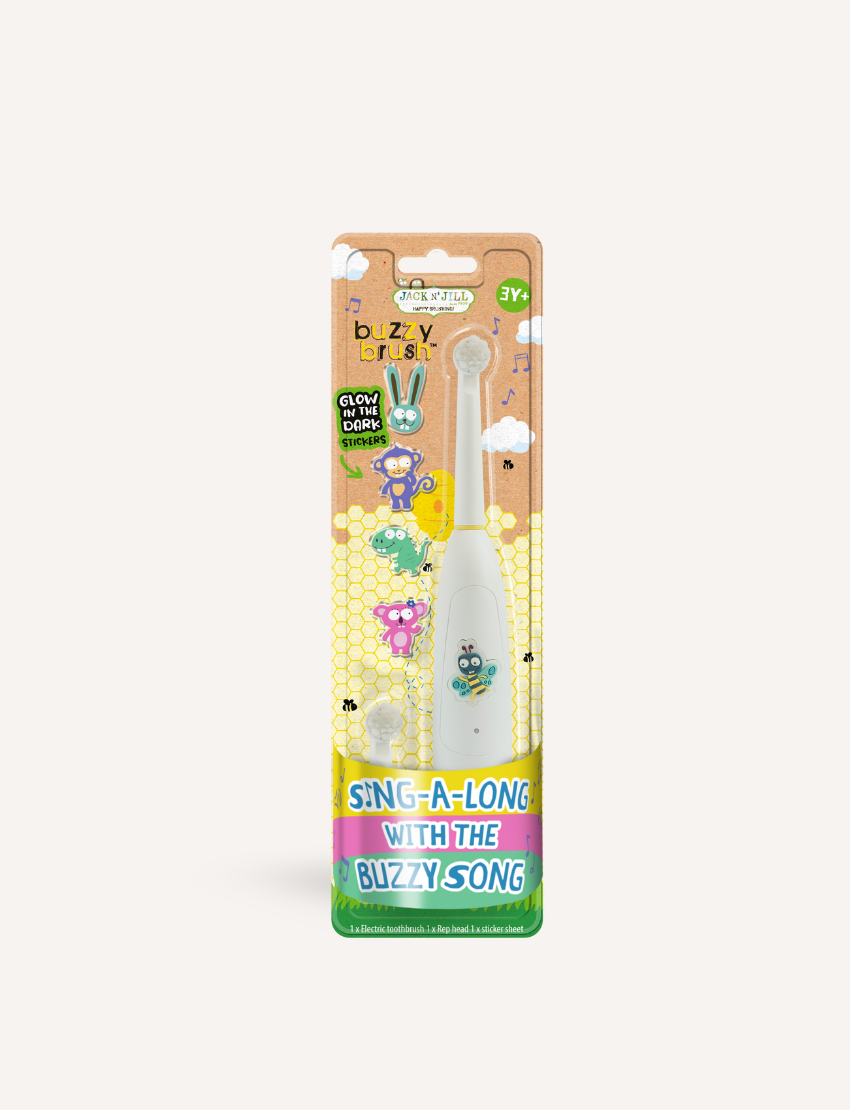 Jack N' Jill Buzzy Brush electric toothbrush packaging with bee, monkey, and bunny stickers.