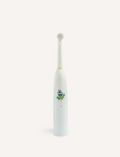 White buzzy electric toothbrush with bee design, isolated on a plain background.