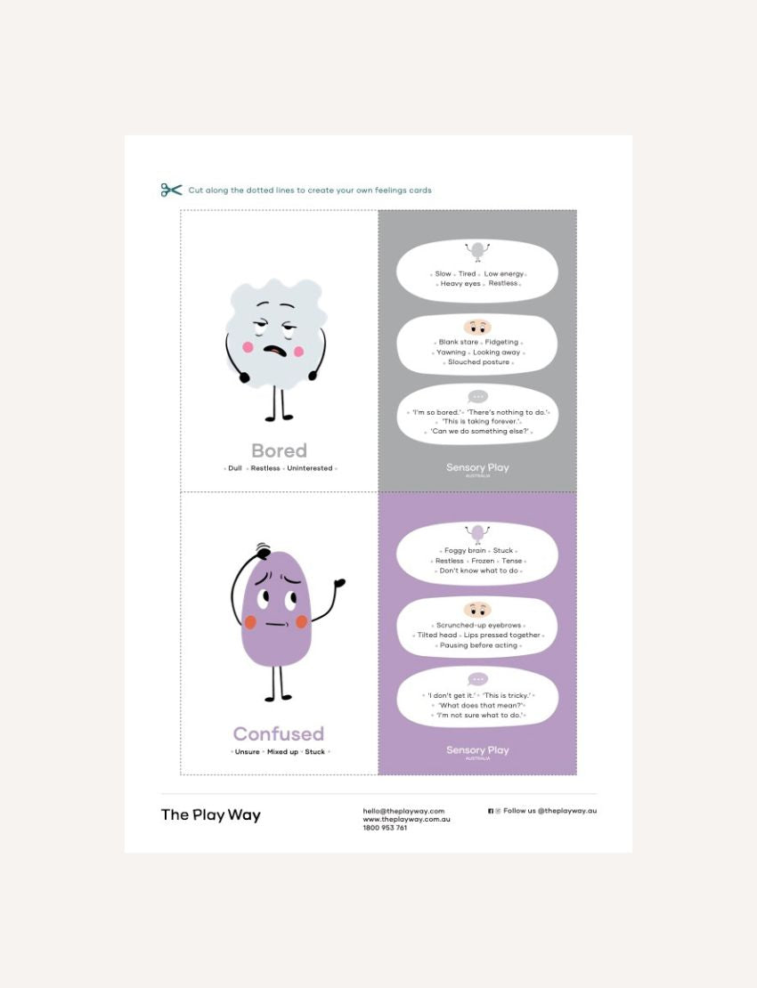 Feelings Cards: 'Bored' card with descriptions of behaviors and 'Confused' card with expressions.