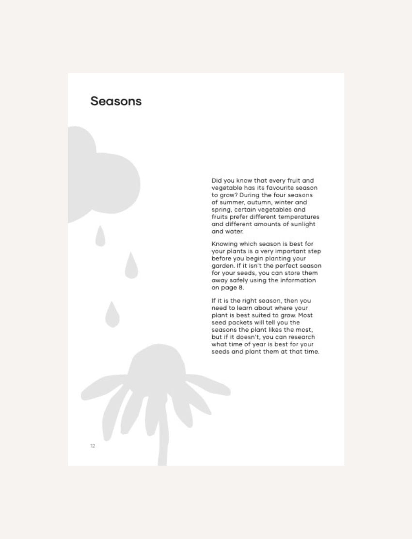 Grow Gardening Journal: 'Seasons' page explaining the importance of seasons for fruit and vegetable growth.