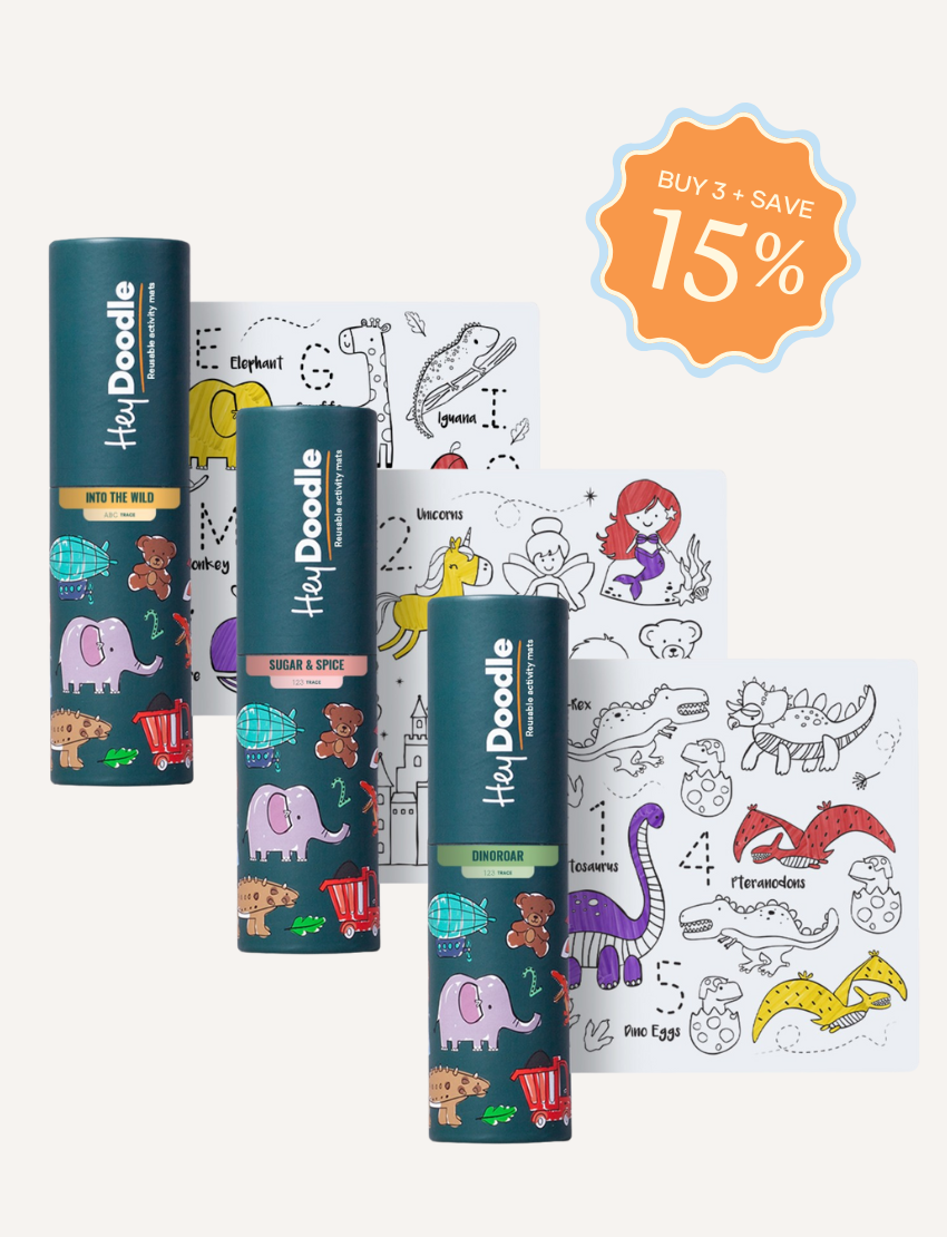 HeyDoodle reusable silicone activity mats for kids: themed mats with dry-erase markers for endless drawing fun.