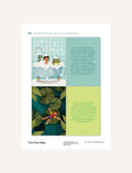 Imagination cards sheet with illustrations & stories of boy in bathtub with frog & boy lying on lily pad.