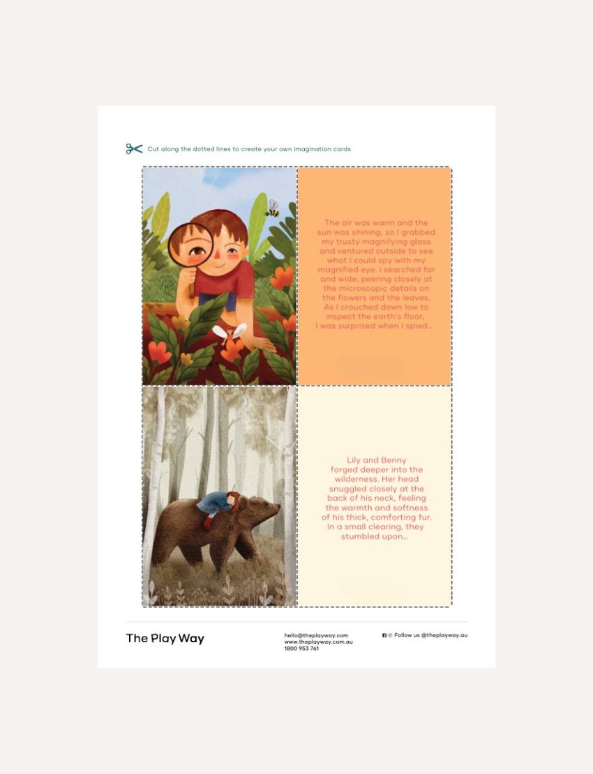Imagination cards sheet with illustrations & stories of child with magnifying glass & child riding bear.