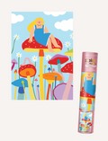 The Play Way Kids' Paint by Numbers Kit featuring 'Mushroom Dreaming' artwork, paints, and a rolled canvas.