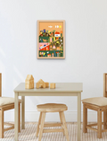 Children's room setting with a colorful 'Townscape' paint by numbers artwork framed on the wall.