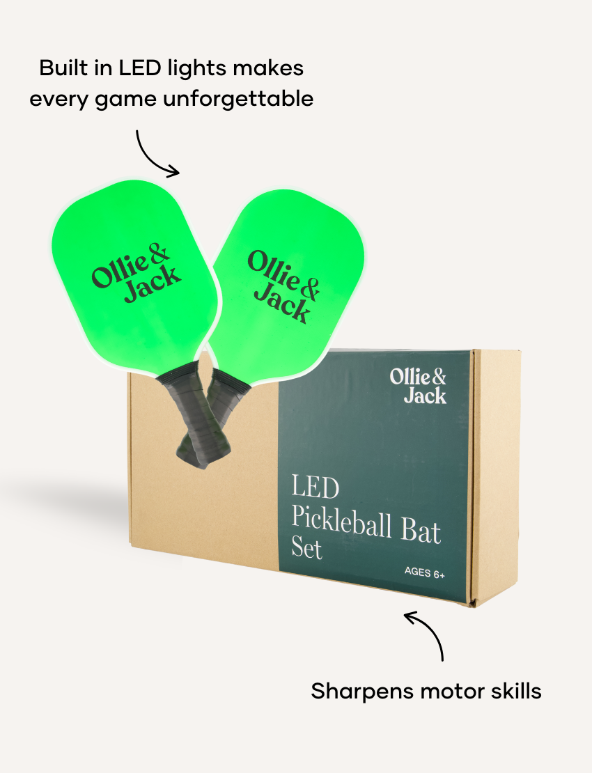 Ollie & Jack LED Pickleball Net Set with paddles and balls for outdoor fun and backyard games.