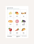 Picture cards: Foods for syllable practice. Includes cheese, peach, egg, bread, donut, eggplant, apple, carrot, taco.