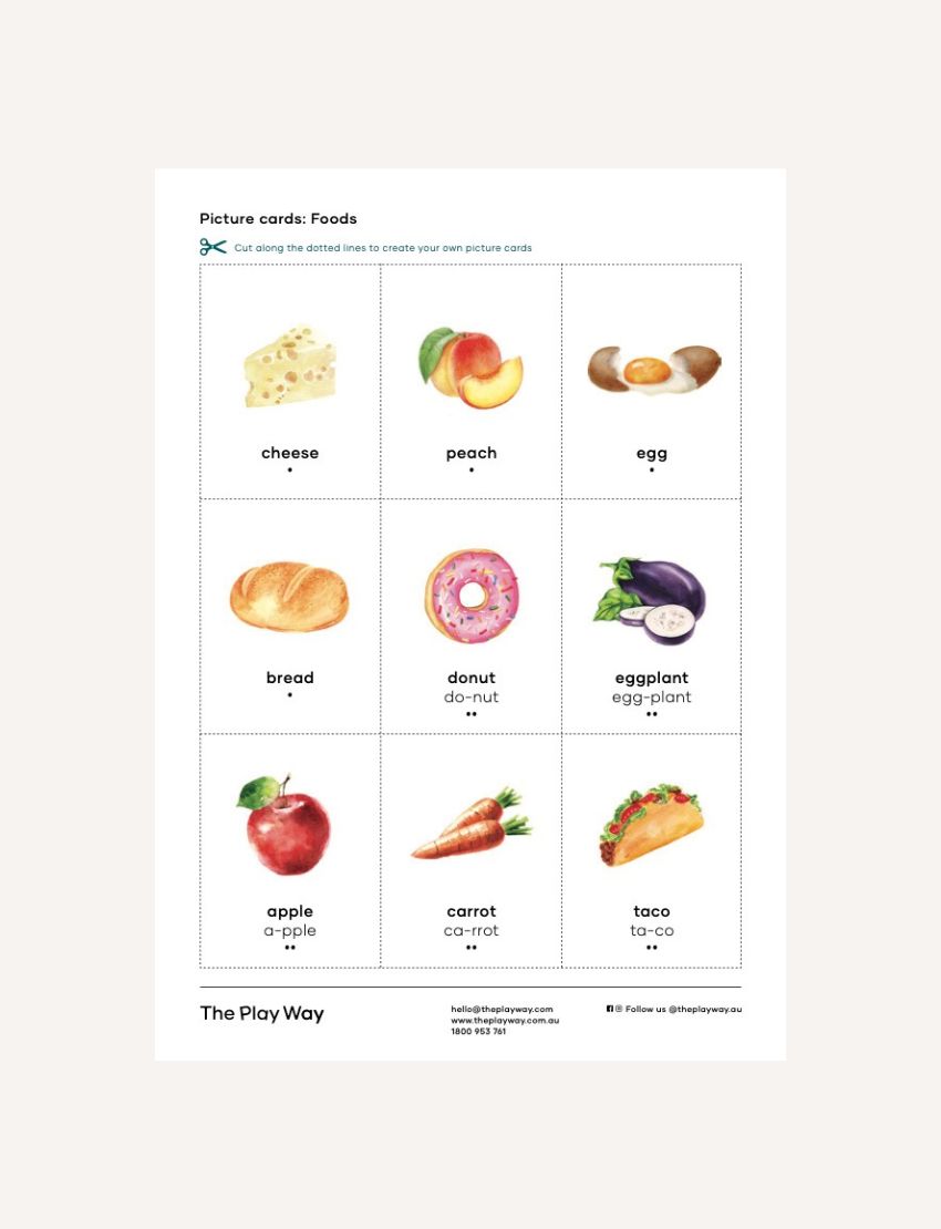 Picture cards: Foods for syllable practice. Includes cheese, peach, egg, bread, donut, eggplant, apple, carrot, taco.