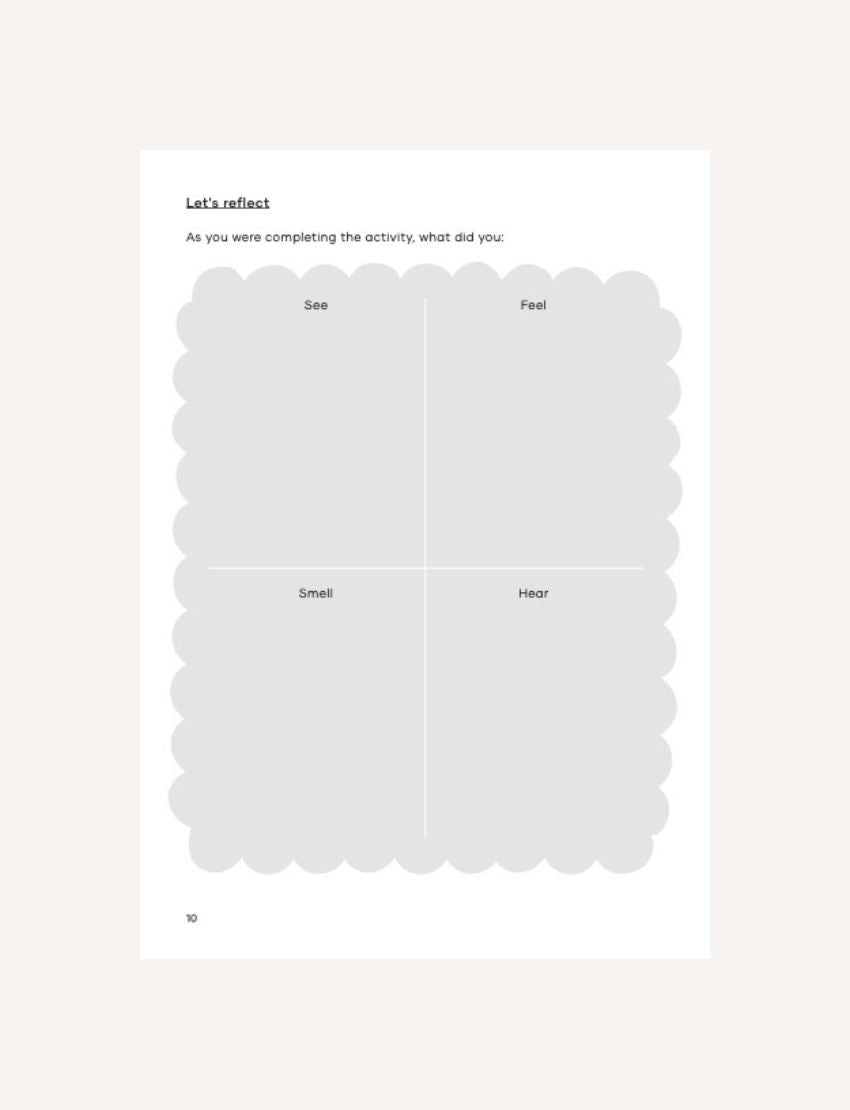 Nature Journal: 'Let's Reflect' page divided into sections for seeing, feeling, smelling, and hearing during activities.
