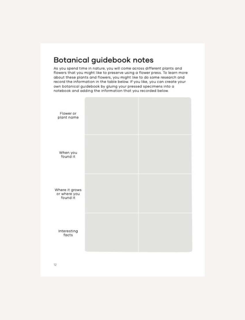 Nature Journal: 'Botanical Guidebook Notes' for recording information about found plants and flowers.
