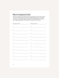 Nature Journal: 'Micro Treasure Hunt' page with checkboxes for listing and tracking found small objects.