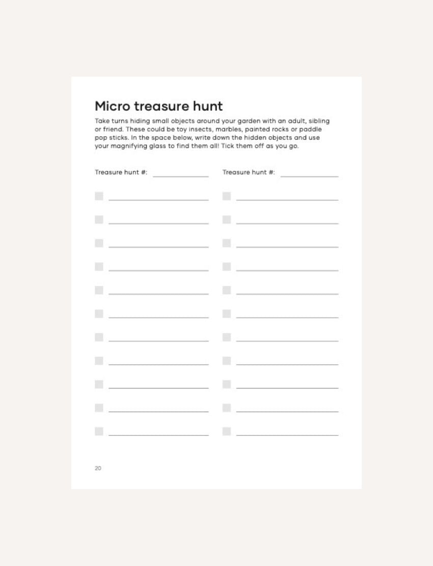 Nature Journal: 'Micro Treasure Hunt' page with checkboxes for listing and tracking found small objects.