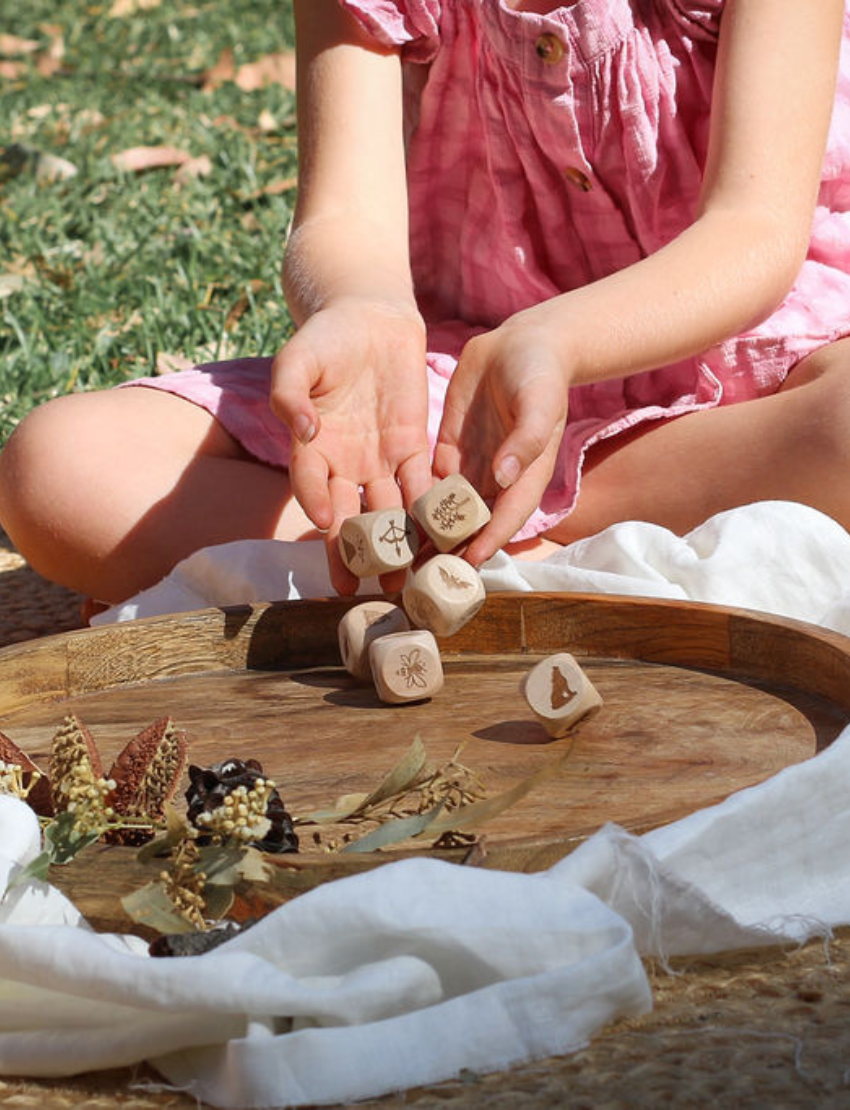 Poppy & Daisy nature story cubes with nature illustrations, along with a drawstring bag.