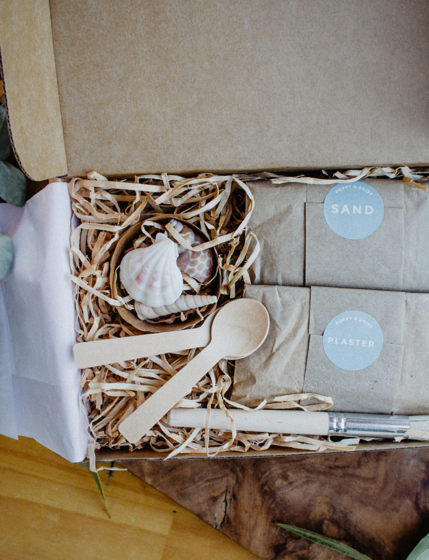 Poppy & Daisy 'Fun Fossils' kit includes sand, plaster, seashells, and a brush.
