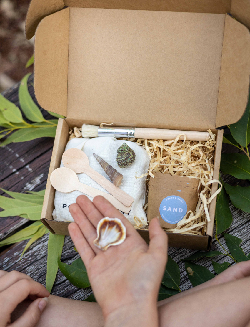 Hands holding a seashell over the Poppy & Daisy 'Fun Fossils' kit contents.