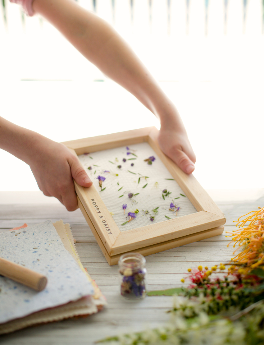 Poppy & Daisy handmade paper making kit with screen, paper pulp, envelopes, and dried flowers.
