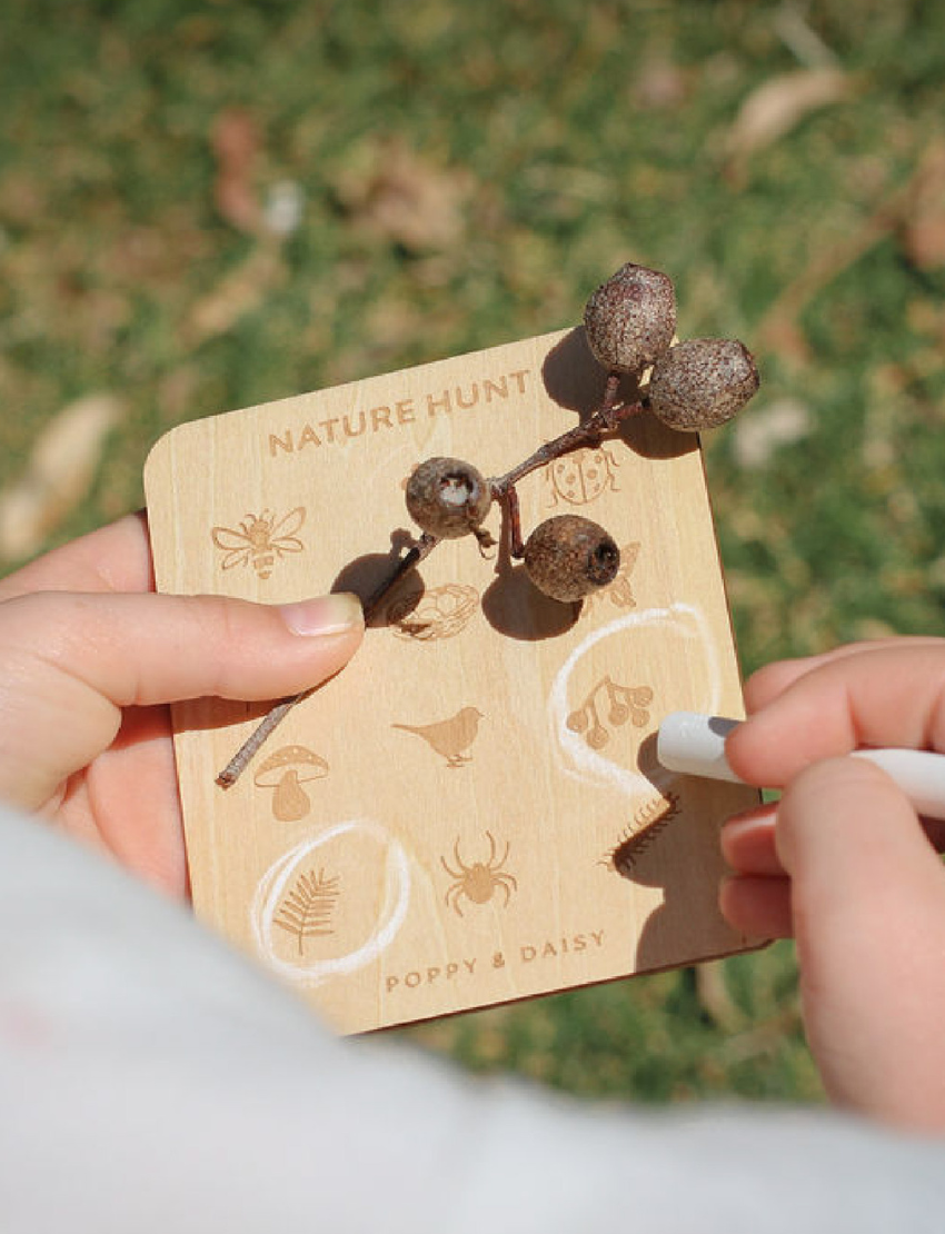 Child using white chalk to draw on a Poppy & Daisy Nature Hunt card with a beetle and flower.