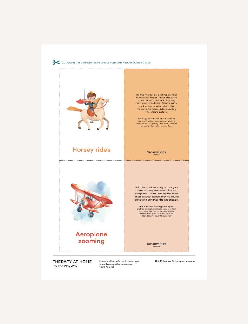 People Games Cards: 'Horsey rides' with a child on a hobby horse and 'Aeroplane zooming' with a toy plane.