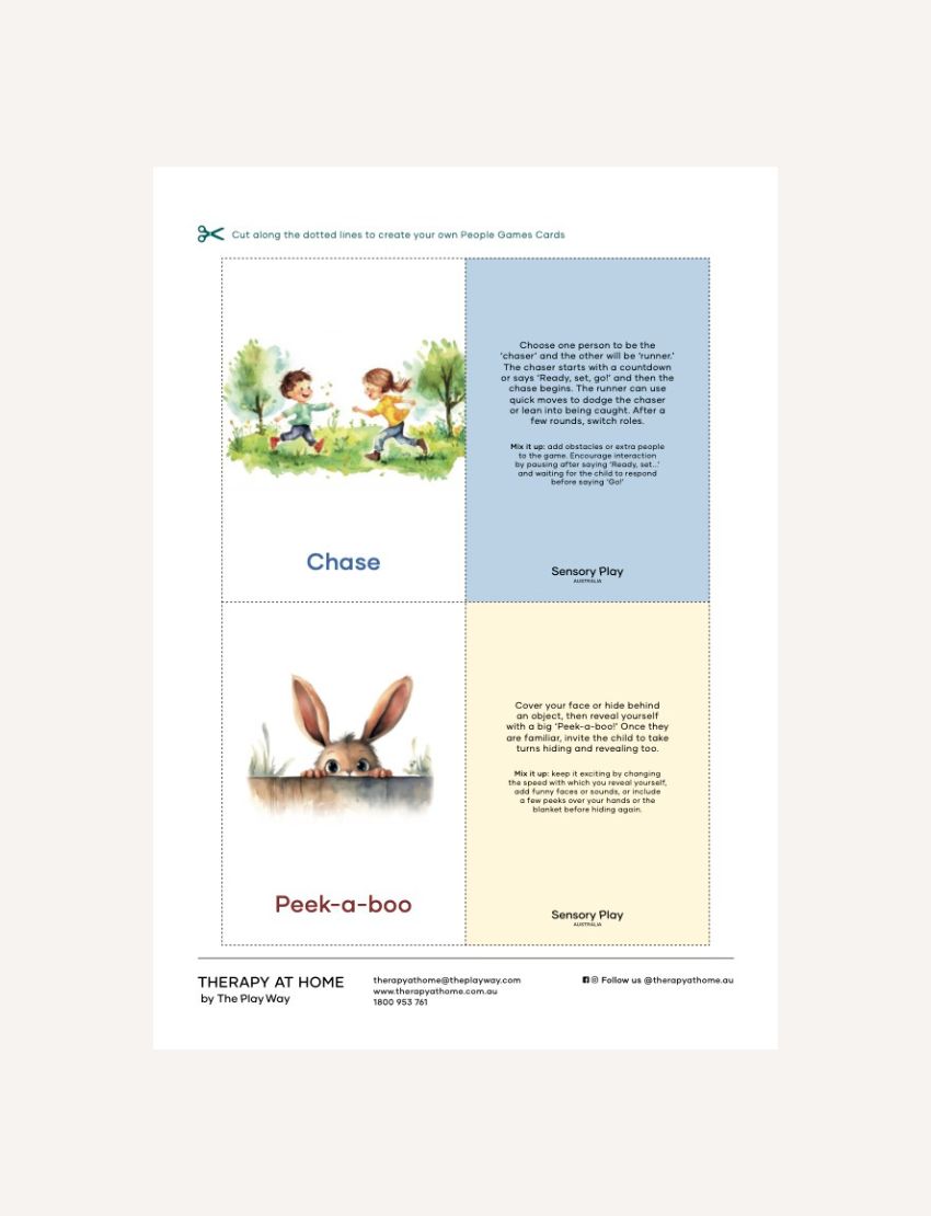 People Games Cards: 'Chase' with children running and 'Peek-a-boo' with a rabbit.