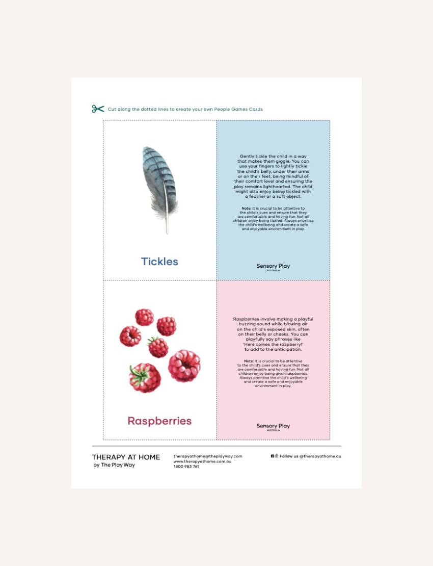 People Games Cards: 'Tickles' with a feather and 'Raspberries' with fruit illustrations.