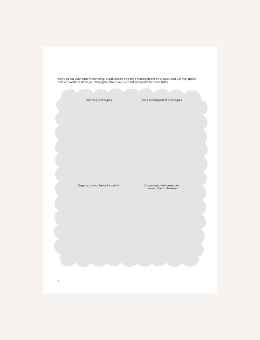 Workbook page with a scalloped border, for planning strategies, organizational tasks, and time management.