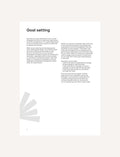 Workbook page titled 'Goal setting' with text and examples for achieving goals and measuring progress.