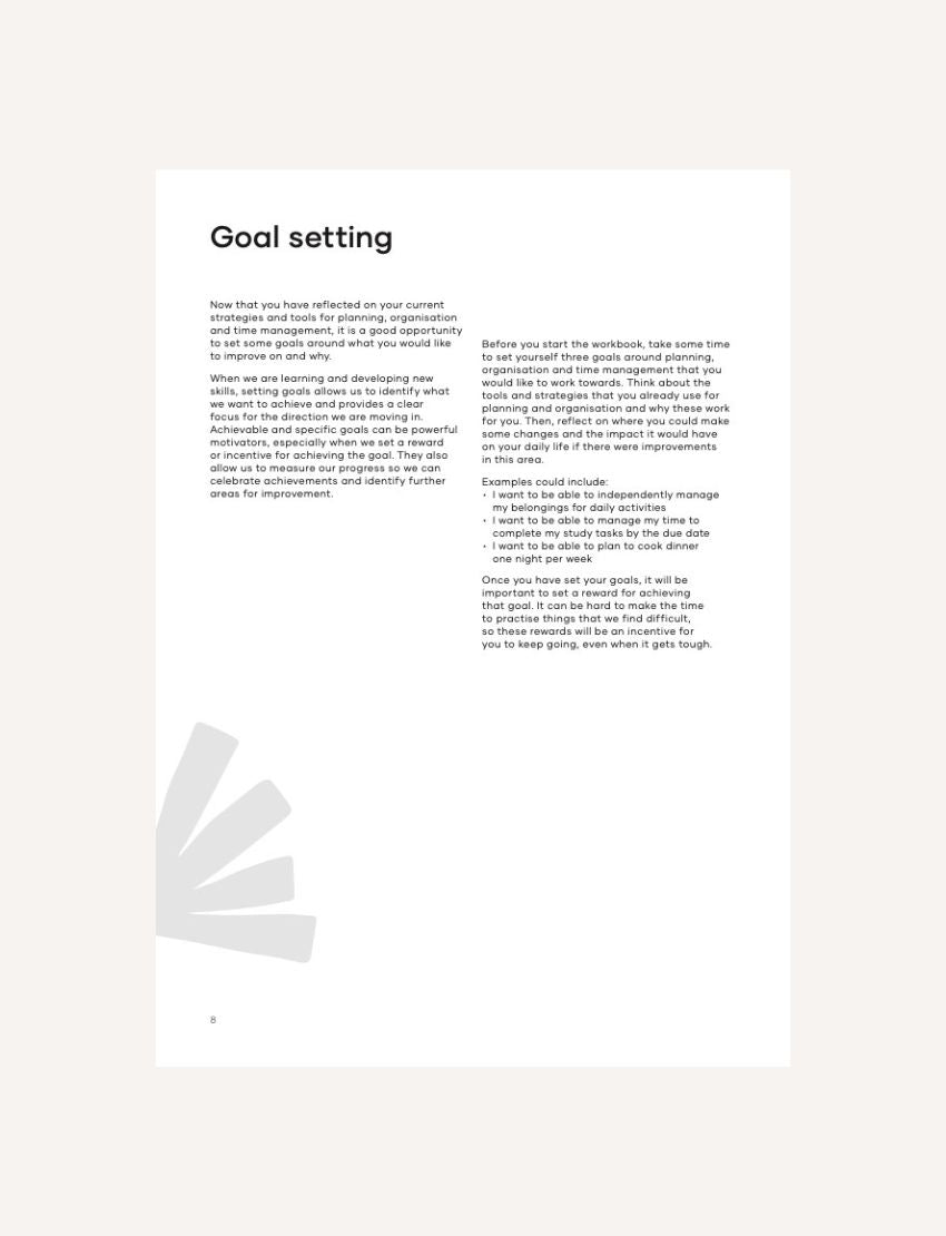Workbook page titled 'Goal setting' with text and examples for achieving goals and measuring progress.
