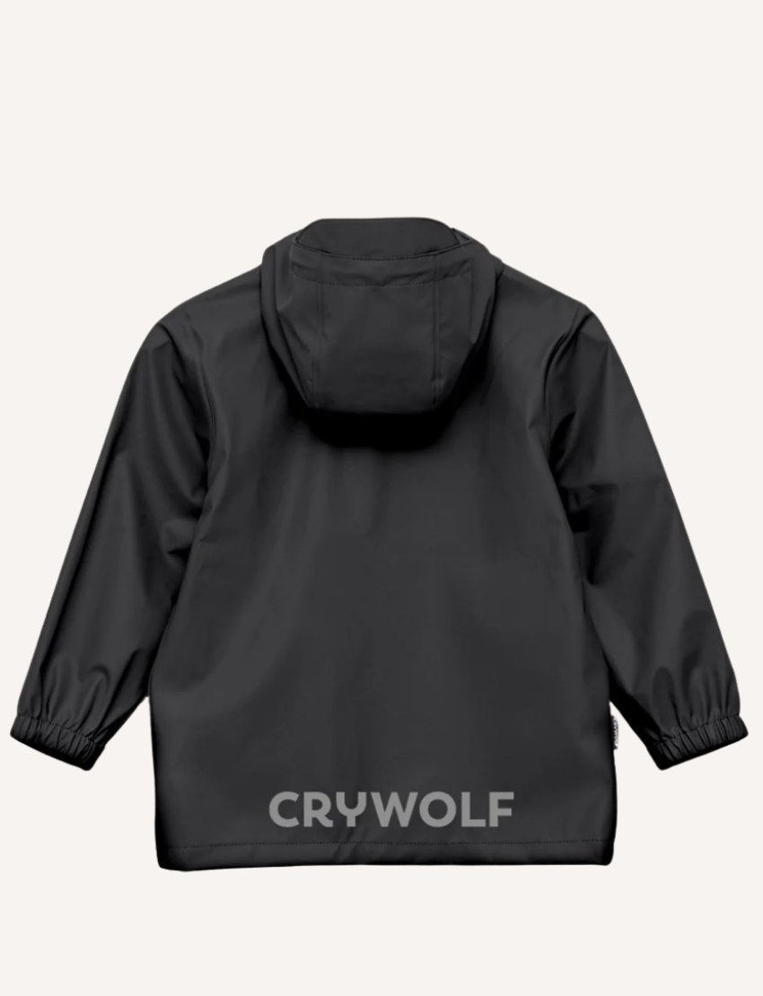 Back view of a black kids' hooded rain jacket with elastic cuffs and the 'CRYWOLF' logo on the back.